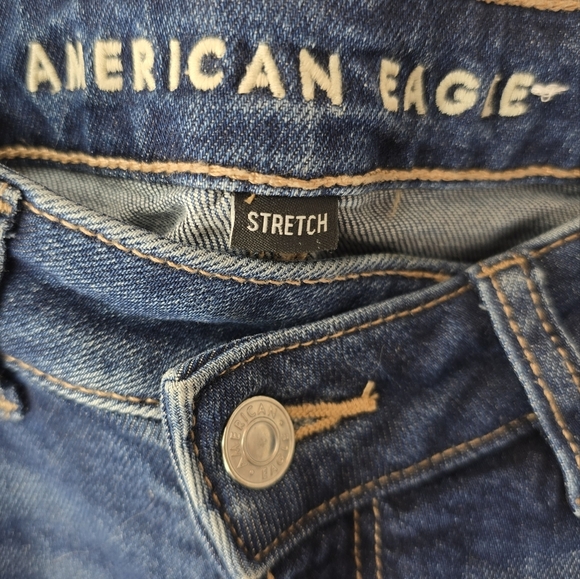 AMERICAN EAGLE Mom Straight Jeans Women 2 Blue Stretch High Rise Raw Hem Western - Picture 8 of 14